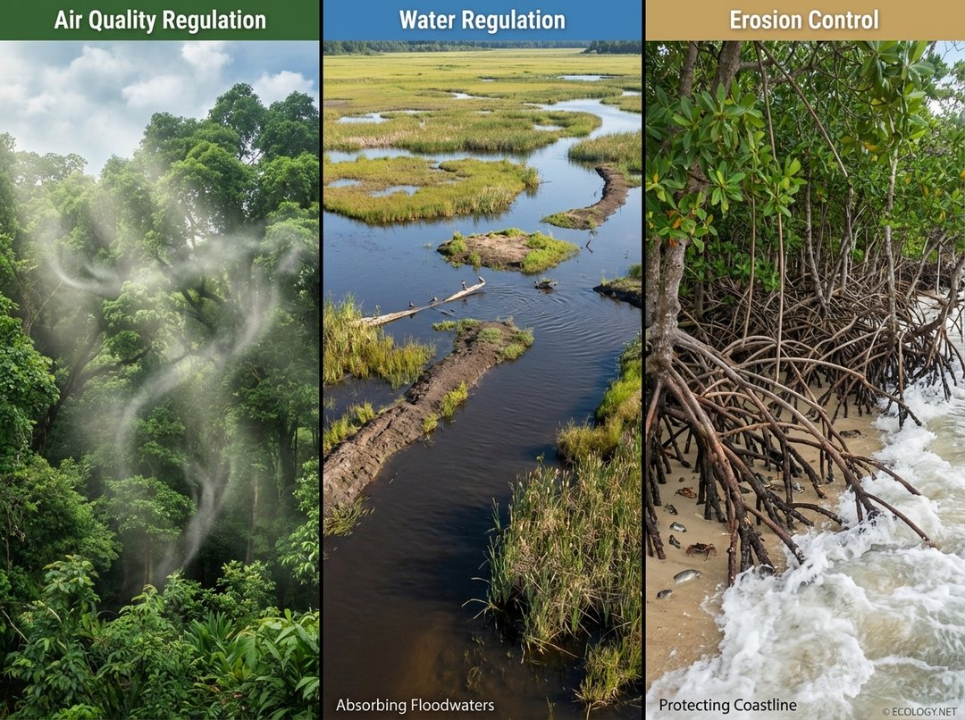 Photo-realistic composite showing a dense forest for 'Air Quality Regulation', a wetland absorbing floodwaters for 'Water Regulation', and mangroves protecting a coastline for 'Erosion Control'.