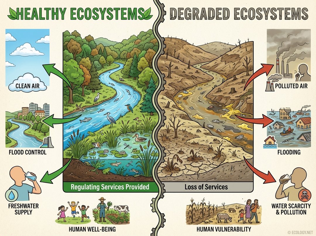 Illustrative diagram contrasting a 'Healthy Ecosystem' with clean air and flood control benefits, against a 'Degraded Ecosystem' showing polluted air and flooding, highlighting the loss of services.