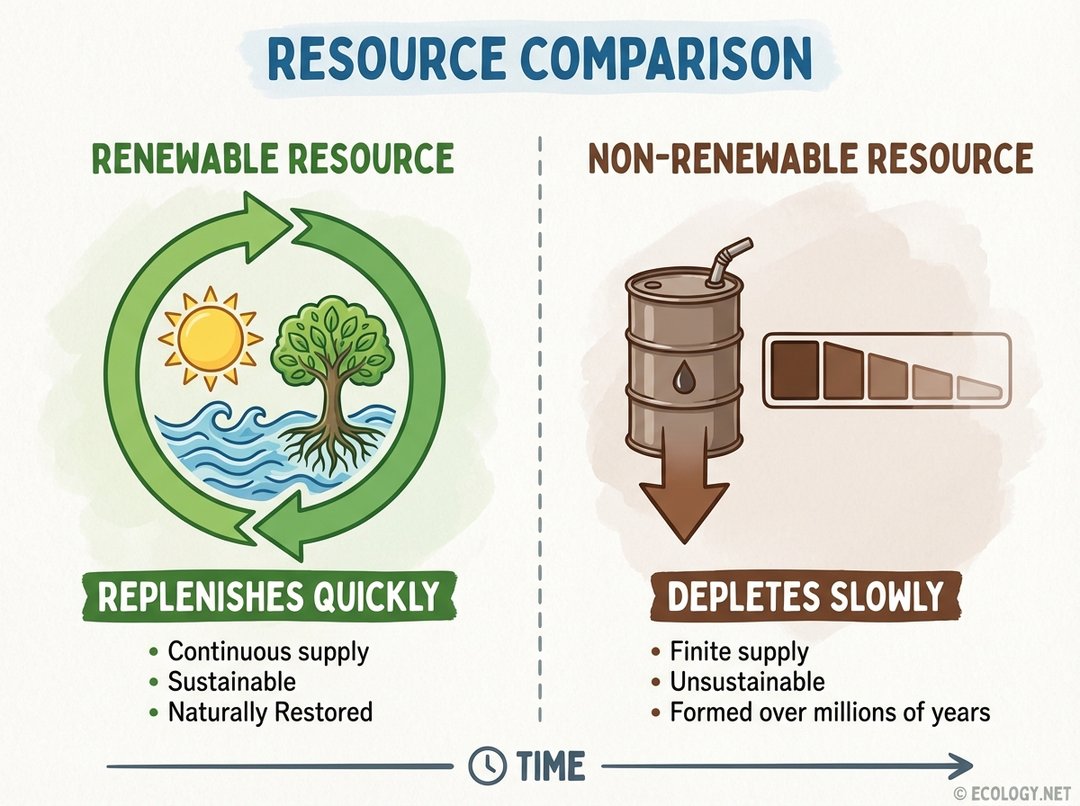 Diagram illustrating the difference between renewable resources, which replenish quickly, and non-renewable resources, which deplete slowly.