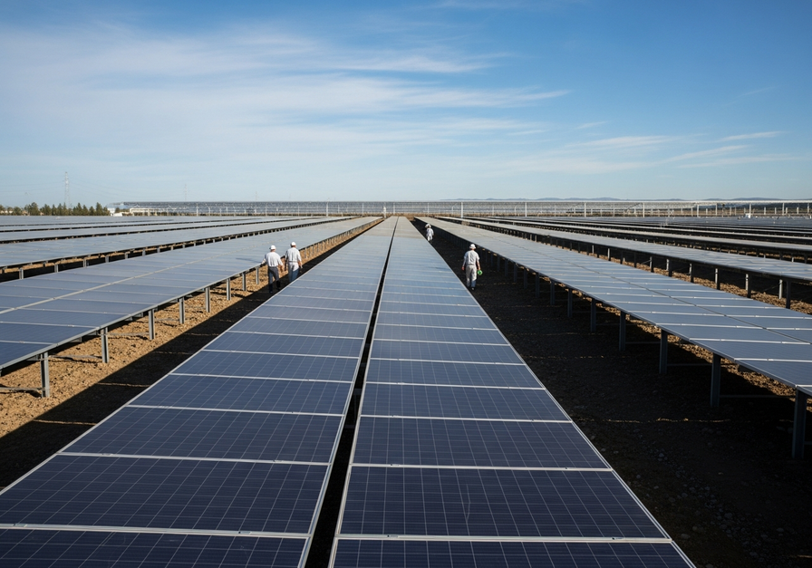 A large solar farm with rows of silver panels stretching to the horizon under a clear blue sky, with maintenance workers walking between them.