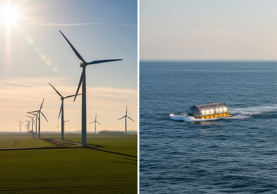 A split image showing a wind farm with turbines on a plain on the left, and a wave energy converter floating in the ocean on the right.