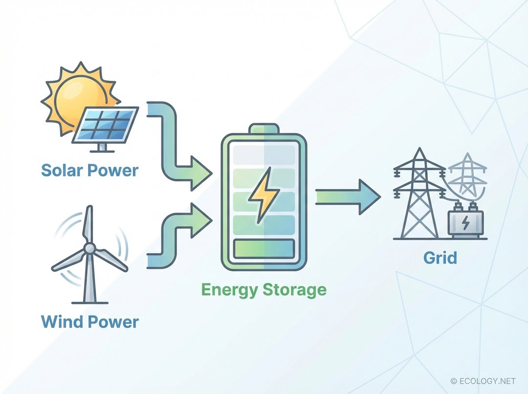 Diagram showing solar and wind power feeding into energy storage, which then supplies the grid, illustrating how storage solves intermittency.