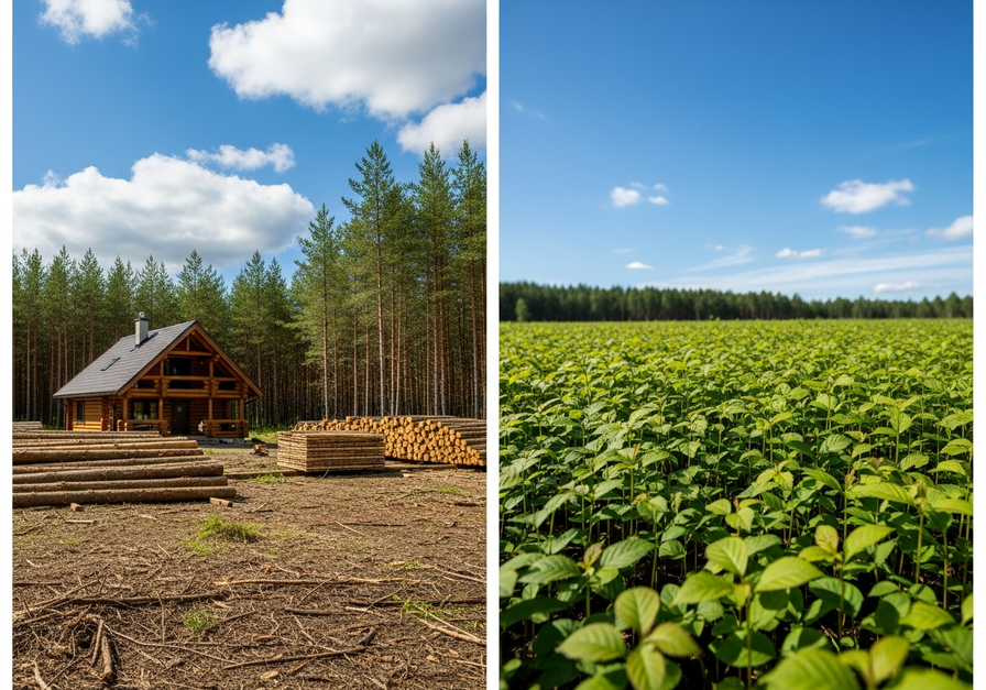 A split image showing stacked timber in a forest clearing on the left, and a field of young green saplings on the right.