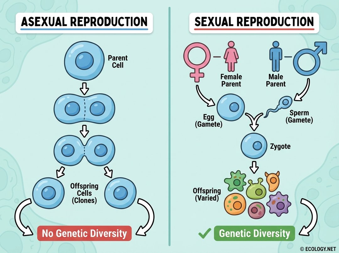 Diagram comparing asexual reproduction (single parent cell dividing into two identical offspring, no genetic diversity) and sexual reproduction (two distinct parents leading to gamete fusion and varied offspring, genetic diversity).