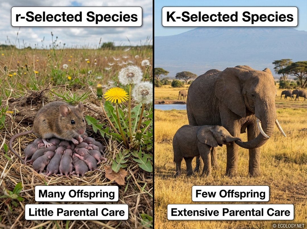 Split image showing r-selected species (field mouse surrounded by numerous small offspring, little parental care) and K-selected species (elephant mother with a single calf, extensive parental care).
