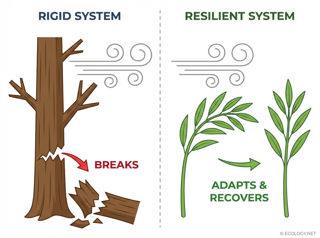 Diagram contrasting a rigid, breaking tree with a flexible, recovering sapling, illustrating resilience.