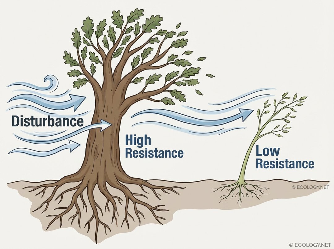 Diagram illustrating ecological resistance with a sturdy oak tree representing high resistance and a slender sapling representing low resistance against a strong wind disturbance.