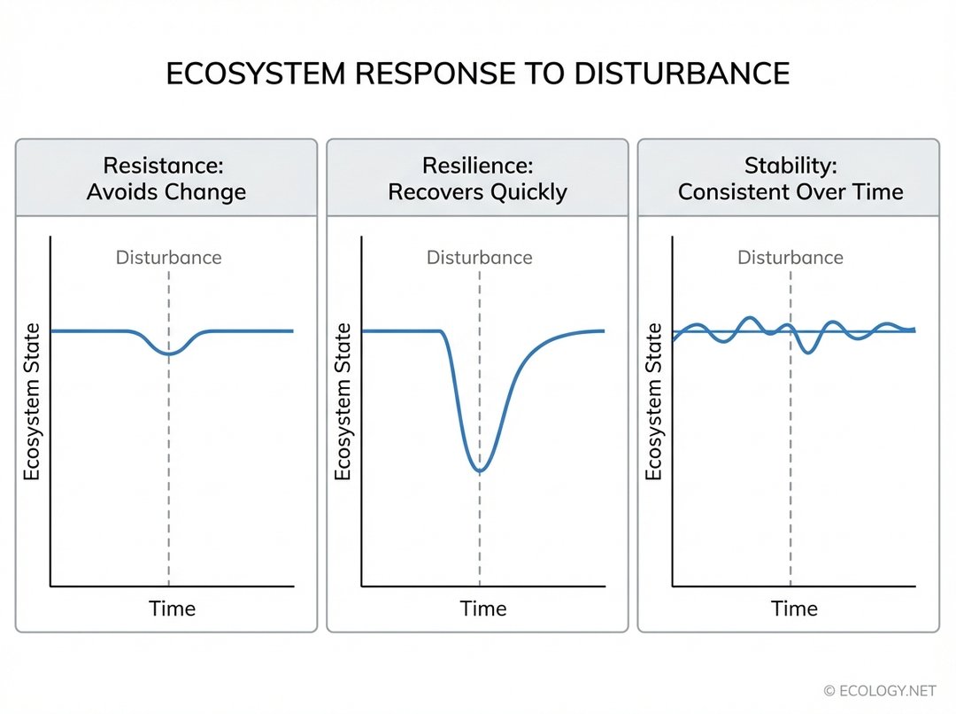 Diagram comparing ecological resistance, resilience, and stability through line graphs showing ecosystem state over time in response to a disturbance.