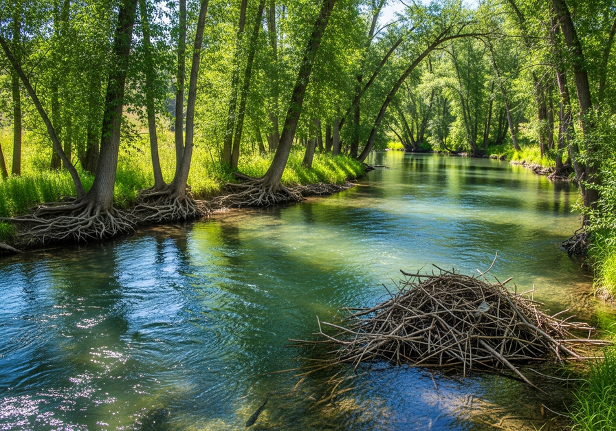 A healthy riparian zone with dense willow and cottonwood trees along a clear river, featuring a beaver lodge and diverse aquatic life, illustrating habitat, water filtration, and erosion control.