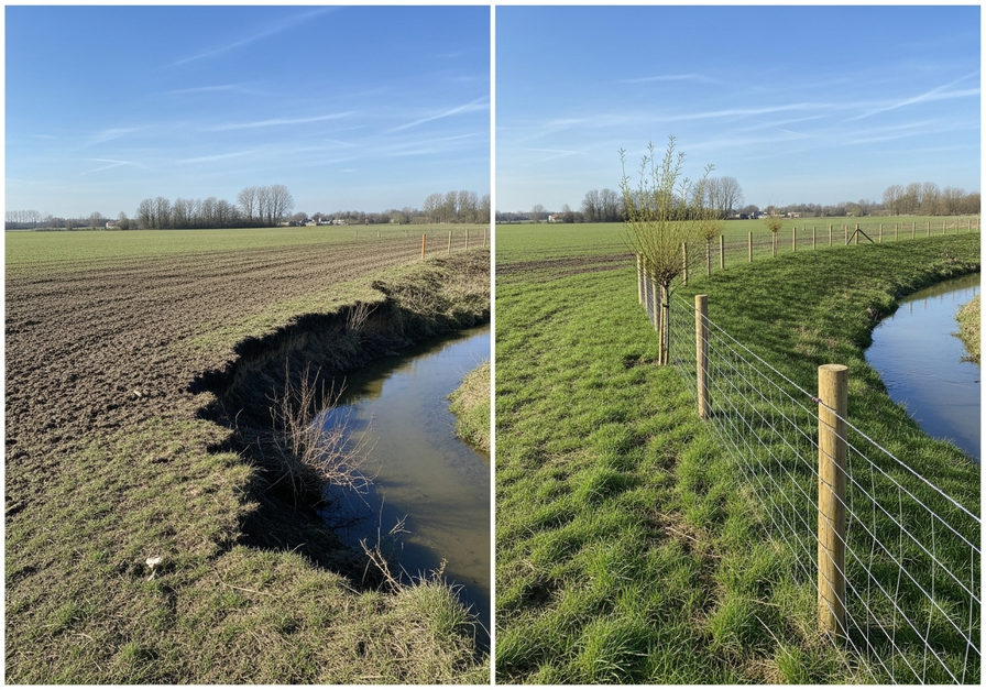 A split-screen image showing a degraded agricultural field with an eroded streambank on the left, contrasted with a restored riparian buffer with newly planted vegetation and a stable bank on the right.