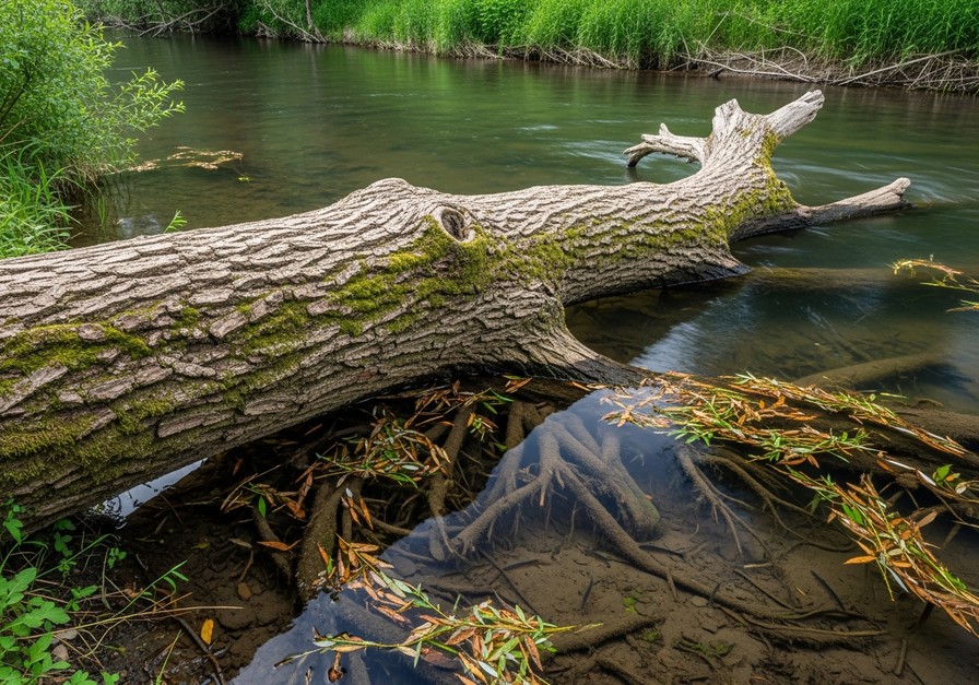 A fallen willow trunk partially submerged in a clear stream, covered in moss and lichen, demonstrating how large wood creates complex habitat, traps sediment, and influences stream morphology.