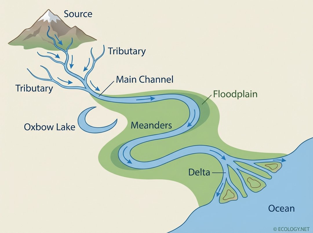 Diagram illustrating river morphology from source to mouth, showing tributaries, meanders, oxbow lake, floodplain, and delta.