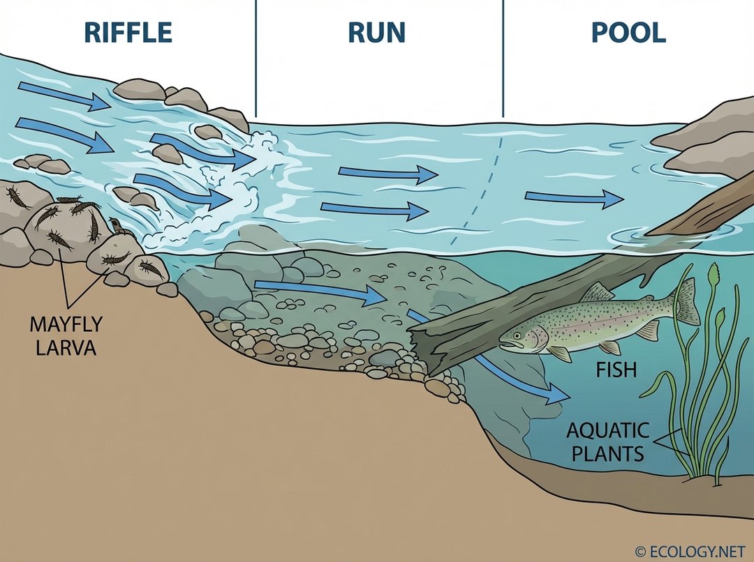 Cross-section diagram showing river zones: riffle with mayfly larva, pool with fish and aquatic plants, and run section.