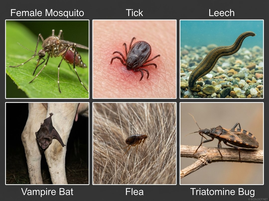 A collage showing six different sanguinivore species: mosquito, tick, leech, vampire bat, flea, and triatomine bug.