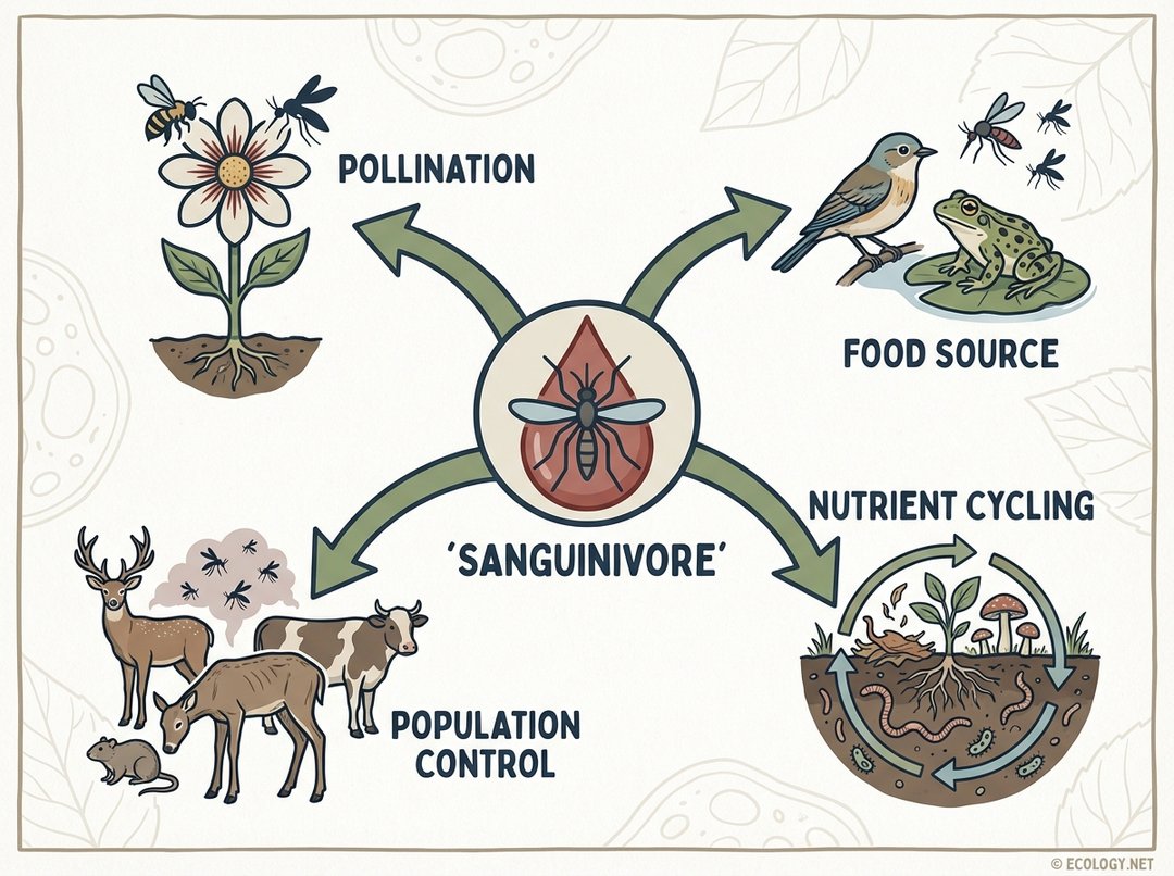 Diagram showing ecological roles of sanguinivores: pollination, food source, population control, and nutrient cycling.
