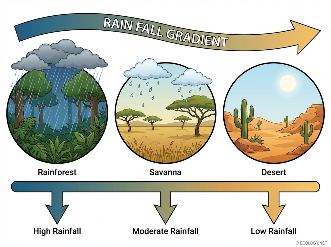 Diagram illustrating savannas as a biome with moderate rainfall, situated between high-rainfall rainforests and low-rainfall deserts.