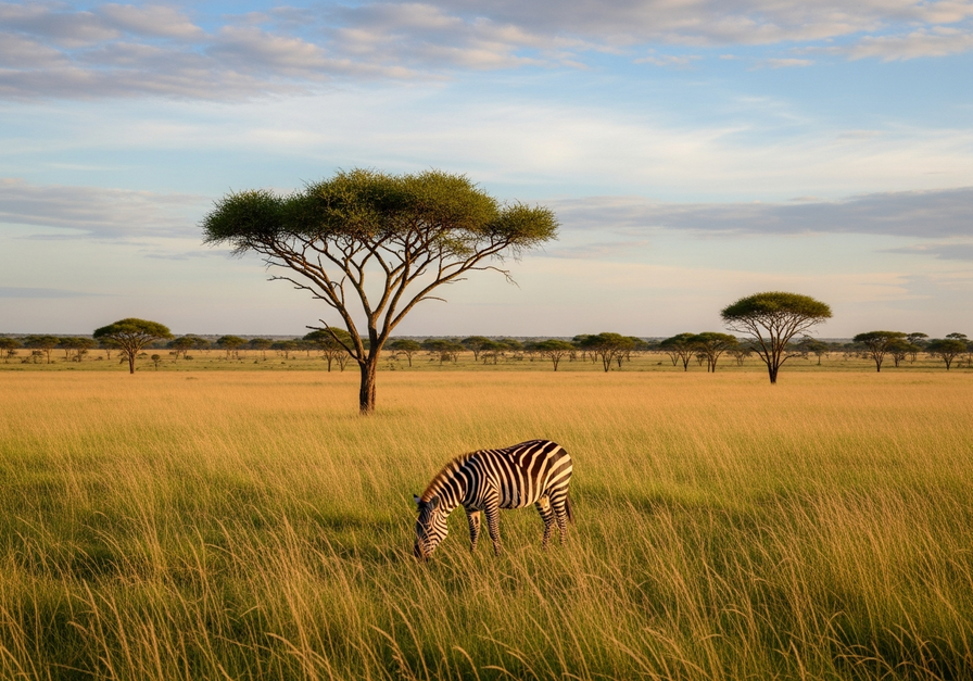 African savanna landscape with tall grasses, acacia trees, and a grazing zebra, showcasing the biome's defining characteristics.