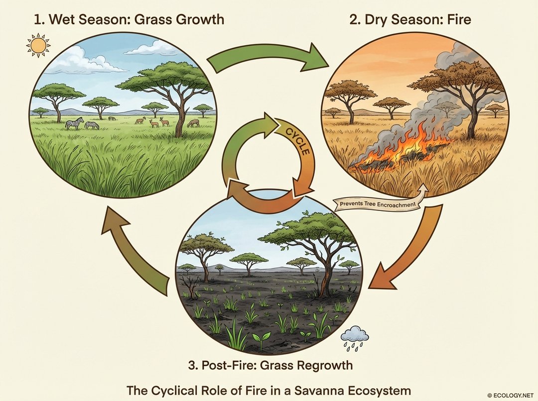 Diagram showing the cyclical role of fire in savannas: wet season grass growth, dry season fire, and post-fire regrowth, preventing tree encroachment.