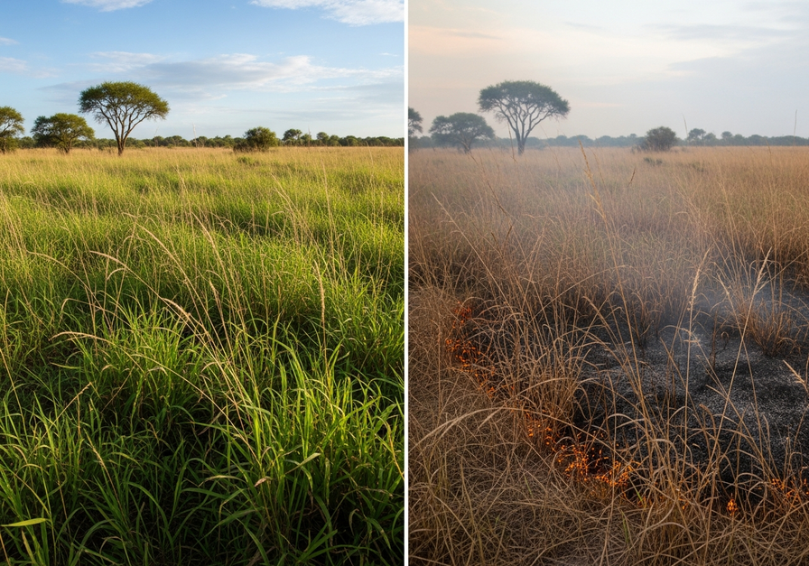 Split-screen image showing a savanna in its lush green wet season on the left and dry, fire-affected brown season on the right, illustrating dramatic seasonal contrast.
