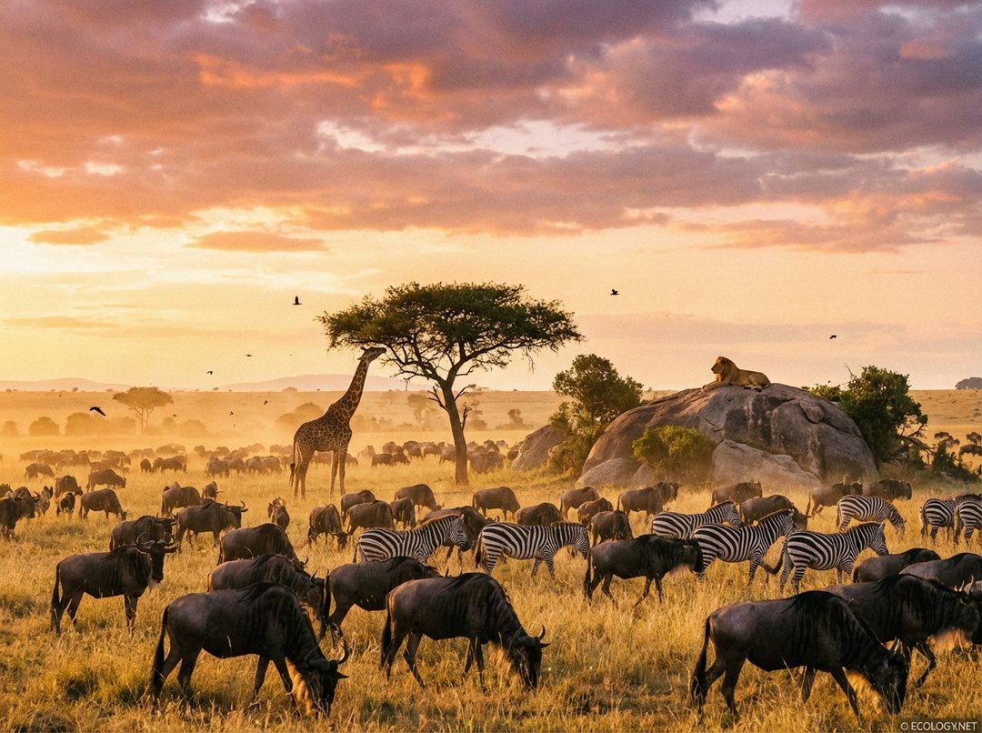 Vibrant photo of an African savanna at golden hour, featuring wildebeest, zebras, a giraffe, and a lion, showcasing rich biodiversity.