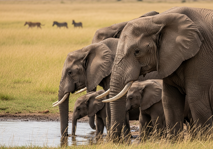 Herd of African elephants grazing near a waterhole, with a distant lioness stalking zebras, highlighting herbivore-predator dynamics.