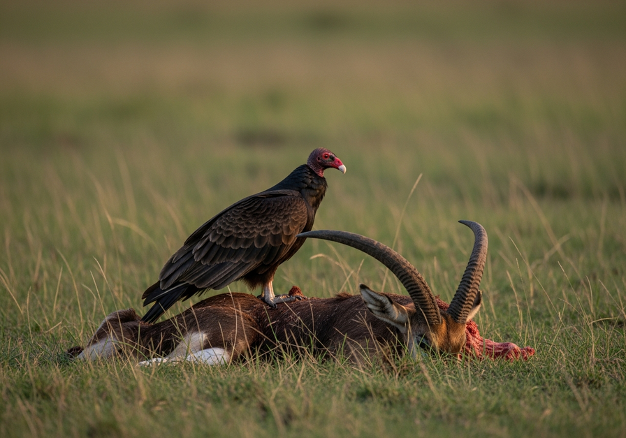 A turkey vulture perches on an antelope carcass on an African savanna, showcasing its role as a land scavenger.