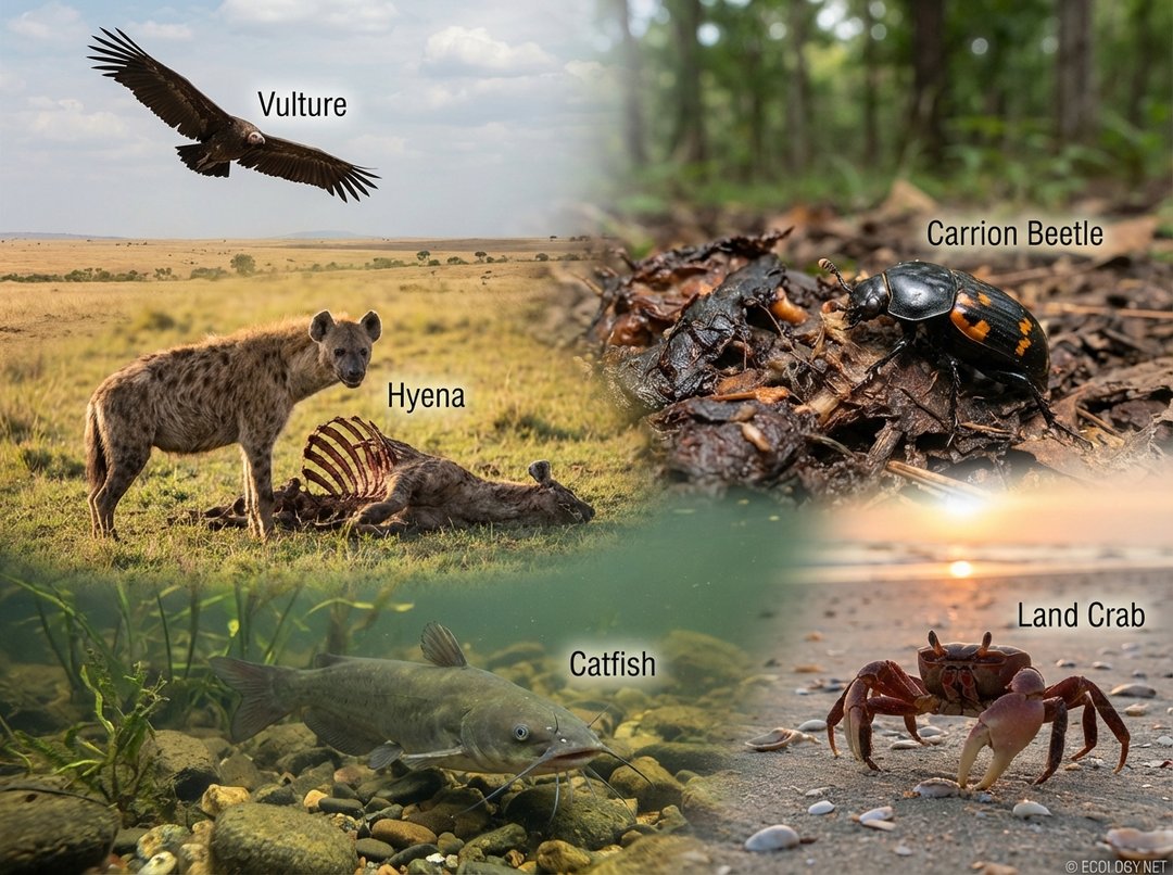 A collage of diverse scavengers including a vulture, a hyena, a carrion beetle, a catfish, and a land crab, each labeled with its name.