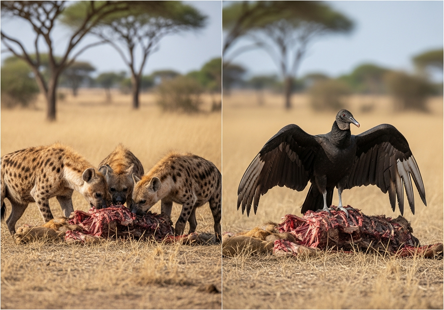 A split-screen image showing hyenas feeding on a carcass on one side and a vulture waiting on the other, illustrating competition.