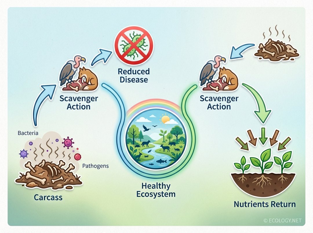 An infographic showing a carcass leading to scavenger action, which results in reduced disease and nutrient return to plants, all contributing to a healthy ecosystem.