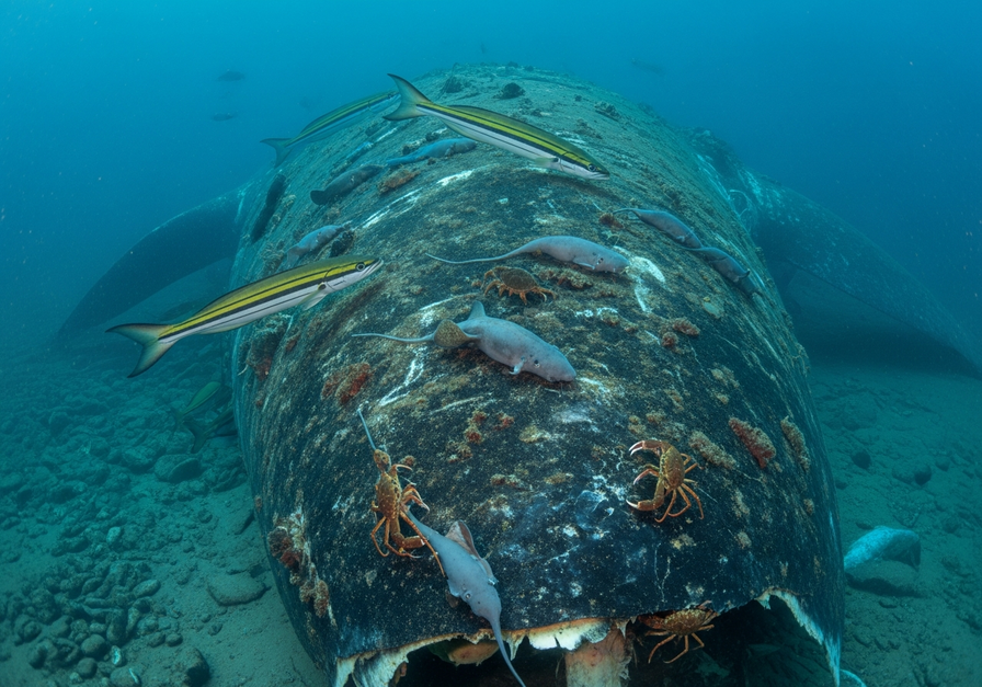 An underwater photograph of a whale fall on the ocean floor, with rattail fish, hagfish, and crabs scavenging the carcass.