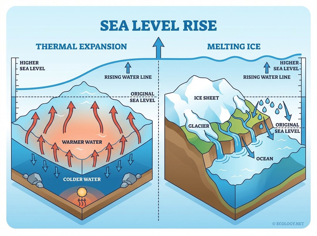 Diagram illustrating thermal expansion of warmer water and melting ice sheets as the two primary causes of sea level rise.