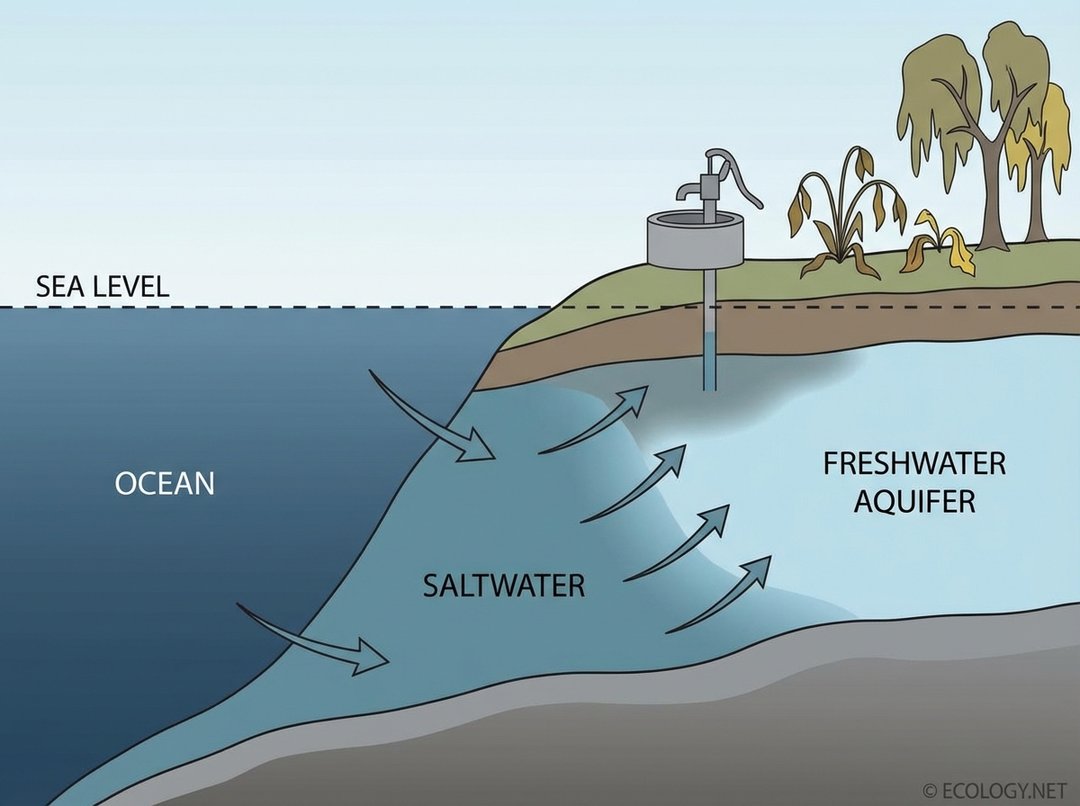 Diagram showing saltwater from the ocean intruding into a freshwater aquifer, contaminating a well in a coastal area.