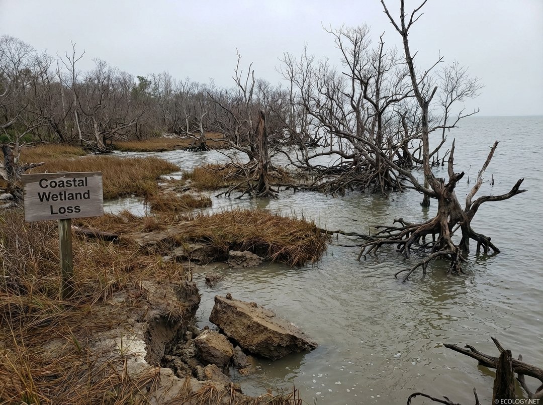 Photo of a coastal wetland, possibly mangroves or a salt marsh, showing signs of degradation with high water levels and dying vegetation due to sea level rise.