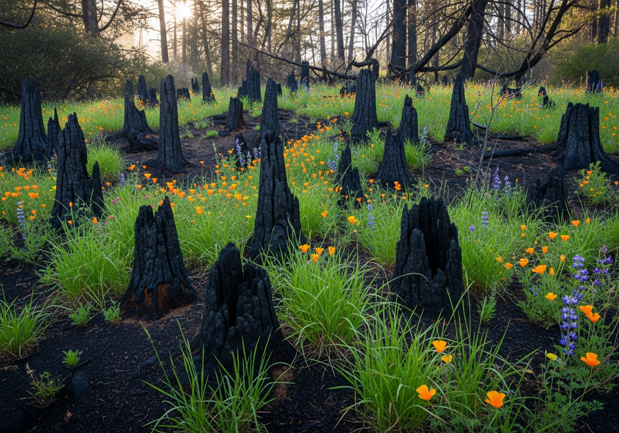 Charred forest floor with bright green grasses and wildflowers emerging after a wildfire, showing early secondary succession.