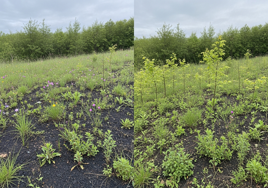 Split-screen image showing early successional grasses on the left and taller shrubs and saplings on the right, illustrating ecological progression.