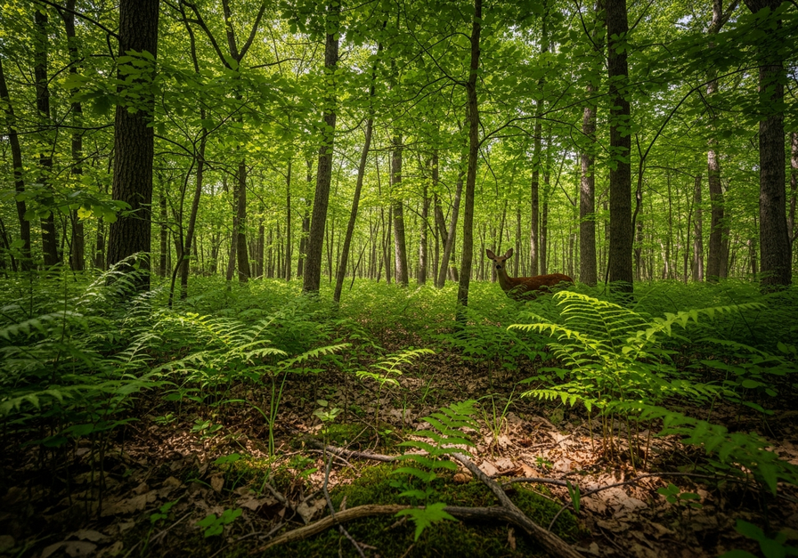 Dense temperate second-growth forest with mature oak and hickory trees, ferns, and a deer, representing a climax community.