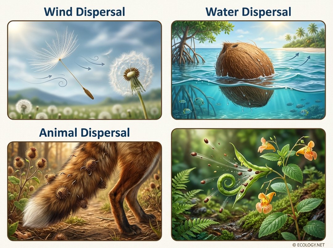 Illustrative diagram showcasing wind, water, animal, and explosive seed dispersal methods.