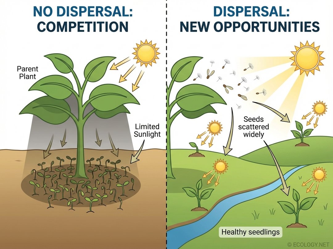 Diagram comparing plant growth with and without seed dispersal, illustrating competition versus new opportunities.