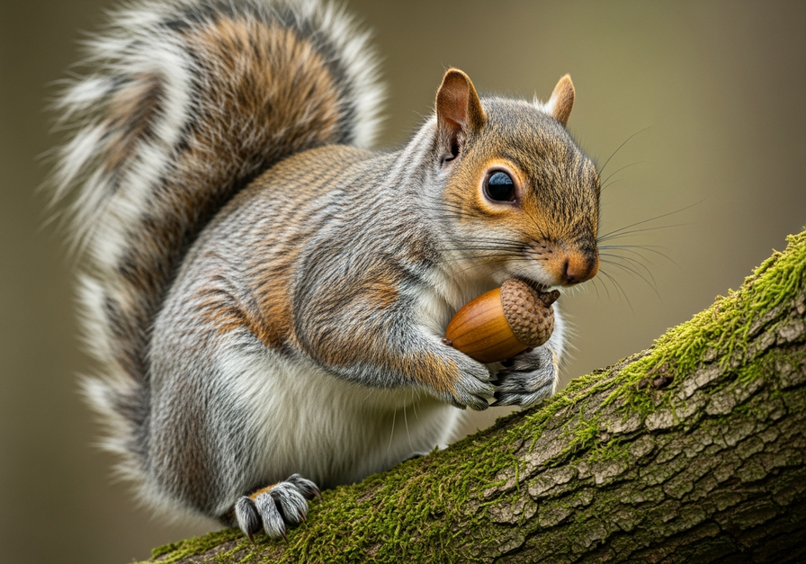Close-up of a gray squirrel on a mossy branch with an acorn lodged in its fur.