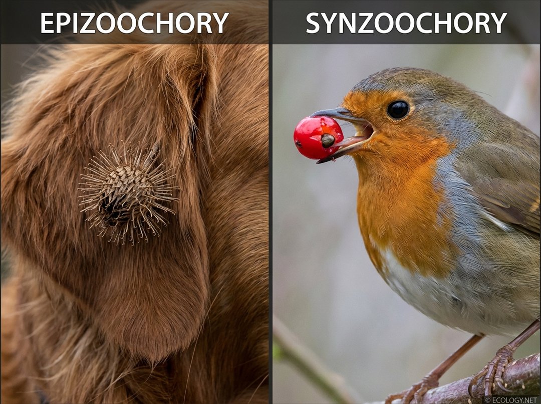 Image illustrating animal seed dispersal: burdock seed on fur (epizoochory) and bird eating berry (endozoochory).