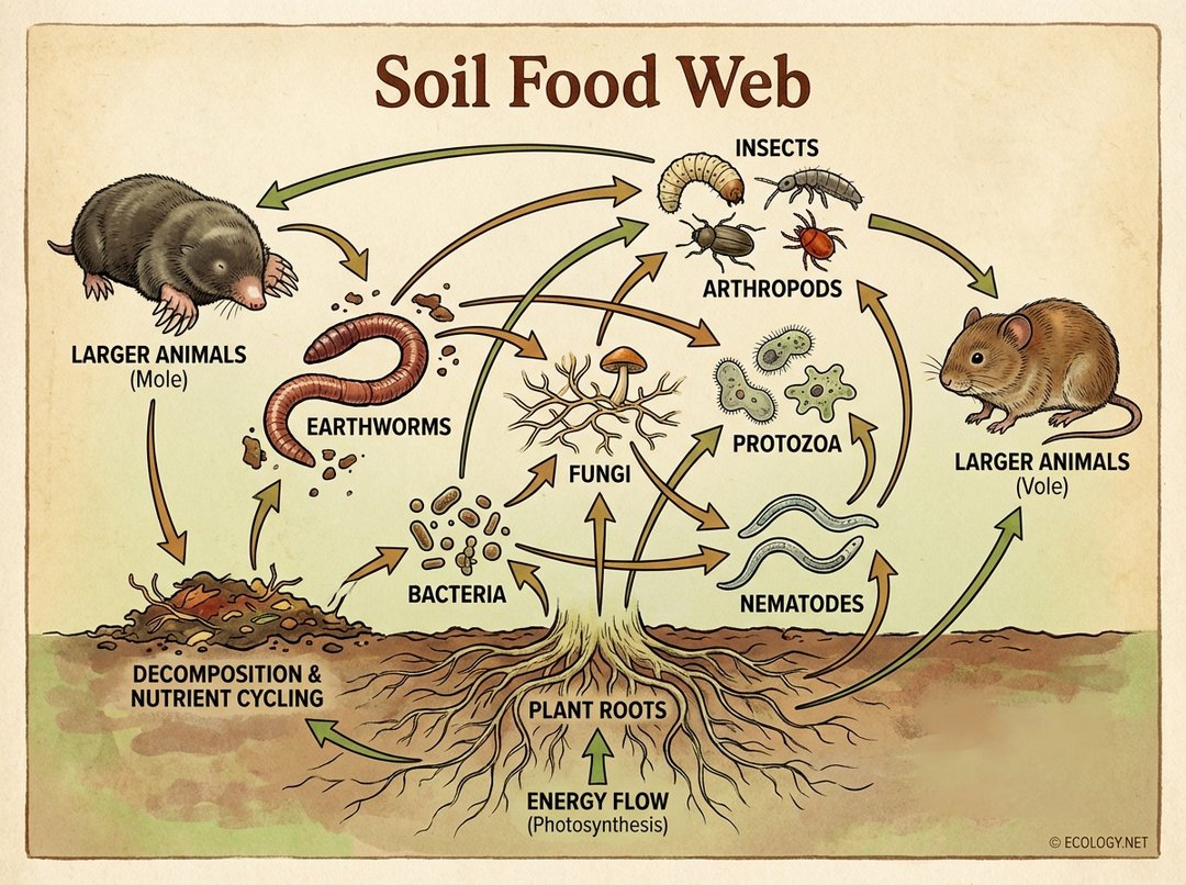 Illustrative diagram of the complex soil food web, showing energy flow from plant roots to various soil organisms.