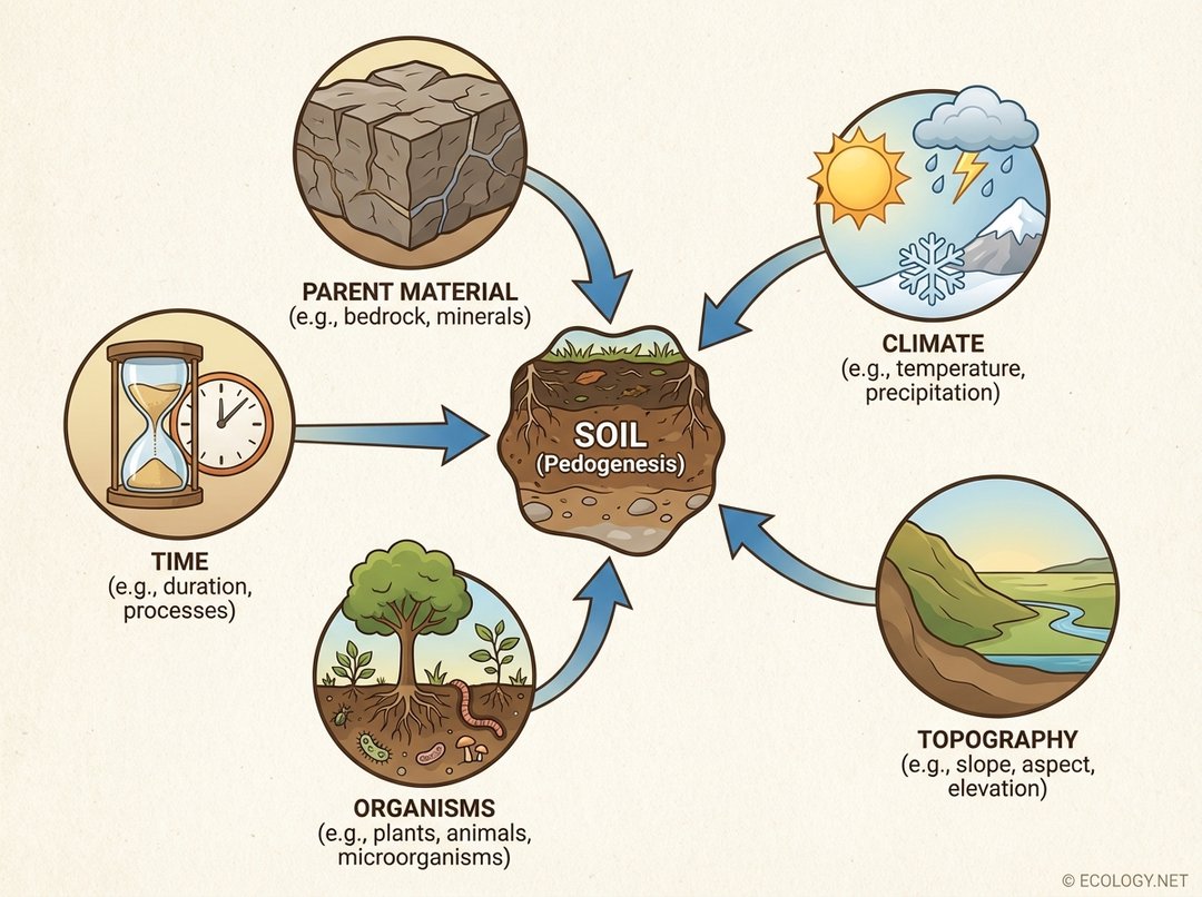Diagram illustrating the five key factors of soil formation: parent material, climate, topography, organisms, and time.