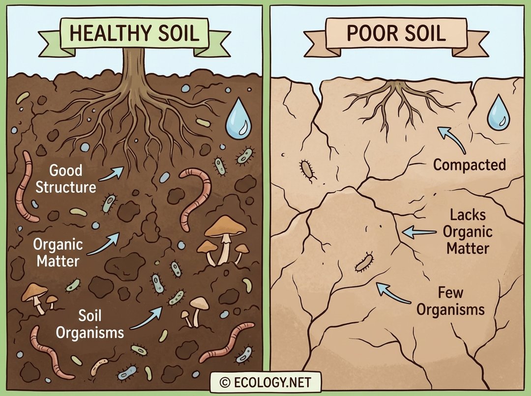 Diagram contrasting healthy, dark, porous soil with rich organic matter and organisms, against poor, light, compacted soil lacking life.