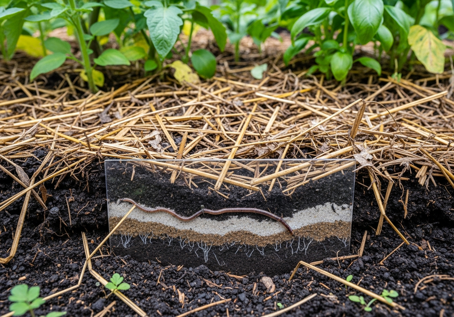 Close-up of healthy garden soil with visible earthworms, fungal hyphae, and a cross-section revealing loamy layers, surrounded by lush plants.