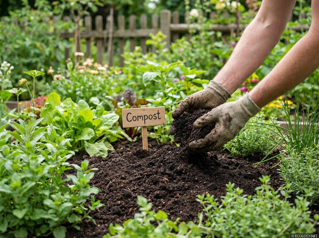 Hands gently spreading dark, crumbly compost onto a garden bed with green plants.