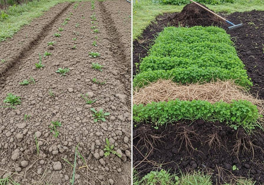 Split-screen image showing a bare, compacted garden bed on the left and the same bed transformed by lush cover crops on the right.