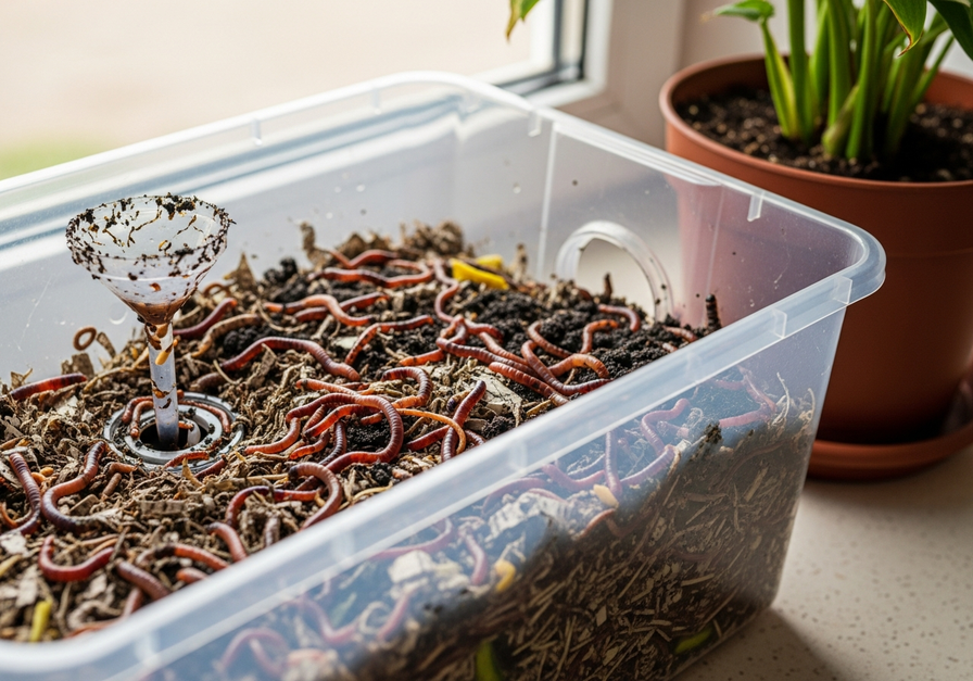 Close-up of a transparent vermicompost bin showing red wiggler worms actively processing shredded paper and food scraps, with visible dark worm castings.