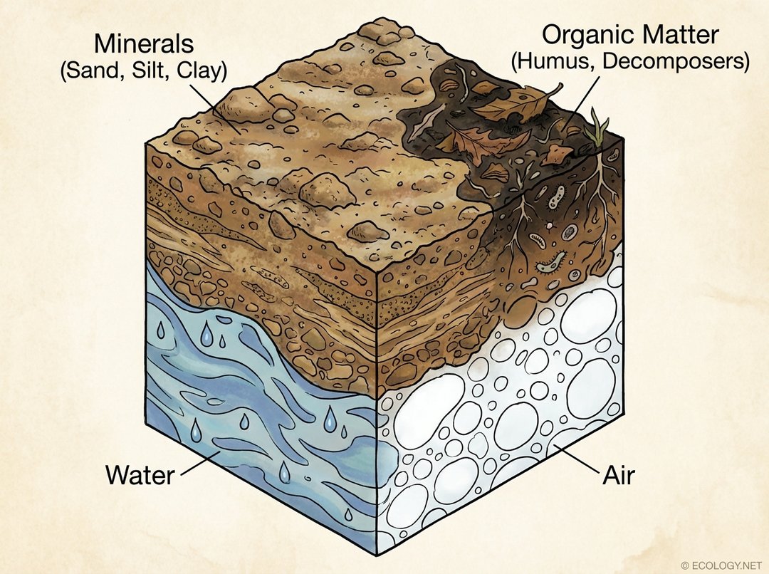 Diagram showing the four main components of soil: minerals, water, air, and organic matter.