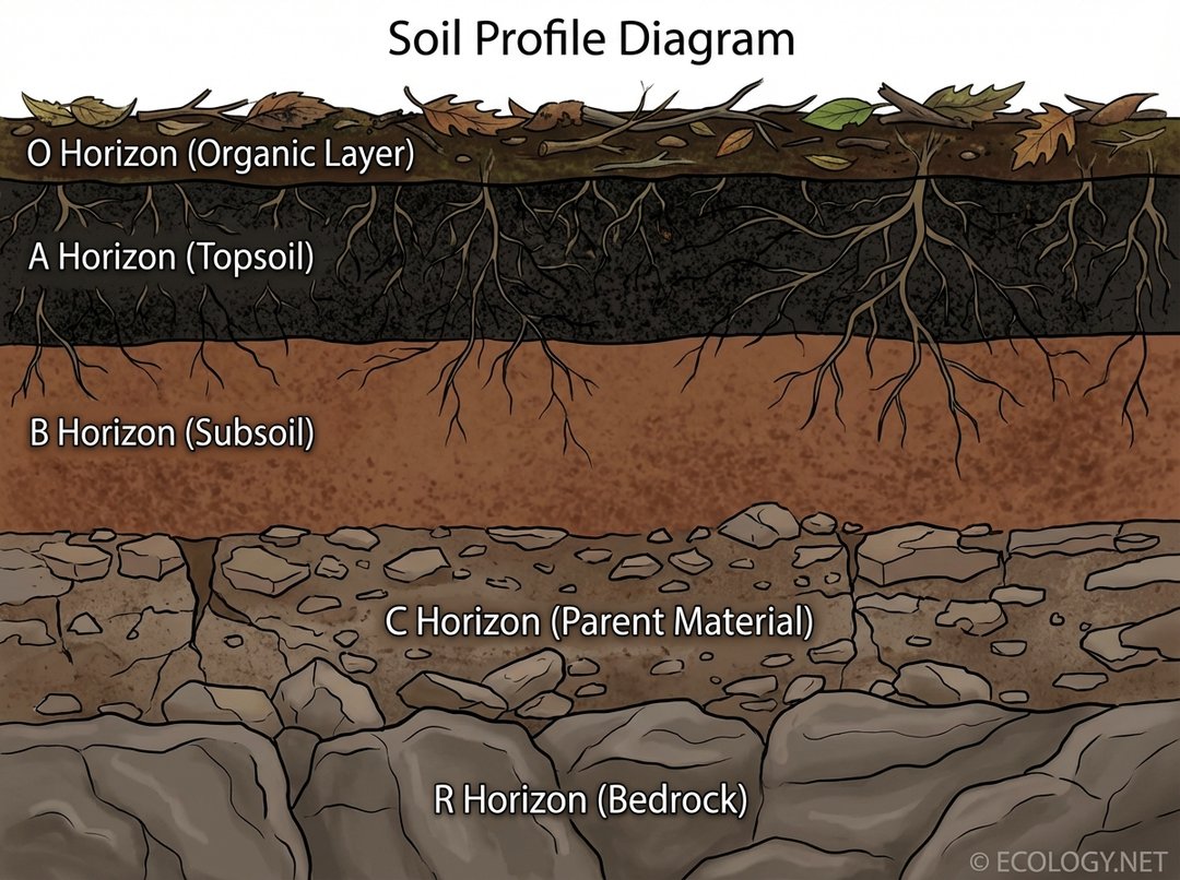 Illustrative diagram of a soil profile showing distinct horizontal layers or horizons: O, A, B, C, R.