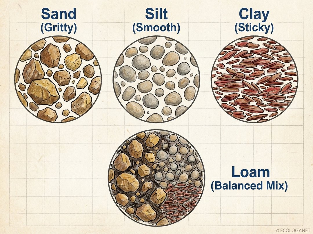 Diagram comparing soil particle sizes: gritty sand, smooth silt, sticky clay, and a balanced loam mix.